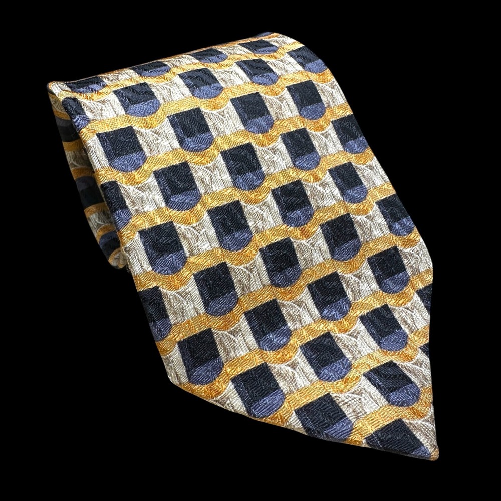 Villa Bolgheri Italy Mens Silk Tie Navy Blue Gold Silver Geometric Shield 60in